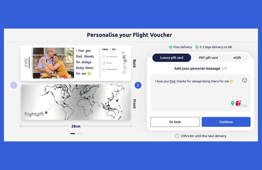You can personalise your flight photo gift card on the Give page of the website